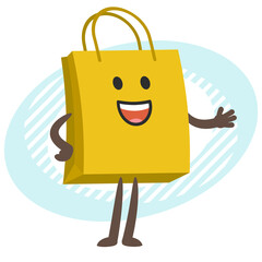 Cartoon Shopping Bag Character explaining and pointing somewhere with his hand.