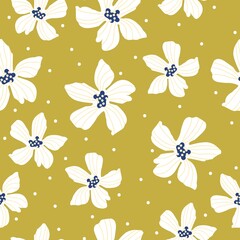 Vintage pattern. Wonderful white flowers and dots. mustard background. Seamless vector template for design and fashion prints.