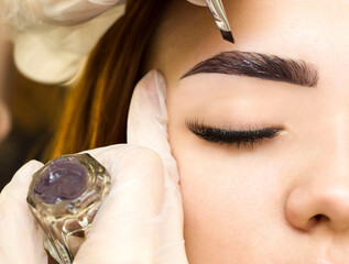 The makeup artist applies paint to the eyebrows.  Permanent makeup. Staining with henna paint.