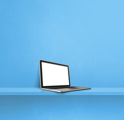 Laptop computer on blue shelf. Square background