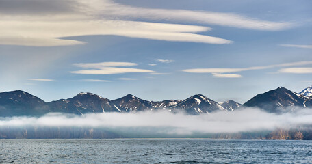 Kamchatka, Russia. Tourist land of volcanoes and wildlife. Travel, mountaineering and extreme. National natural parks Russian