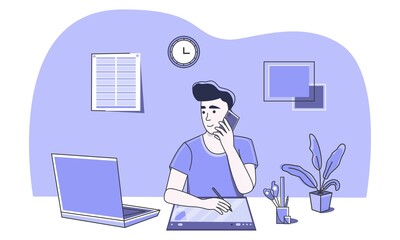 Drawing on a graphics tablet. Graphic designer at work discussing a project. Communicate with the client using mobile communication. Work from home or in the office. Freelance. Earn money. Web design.