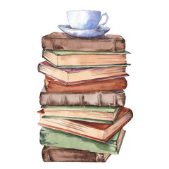 Stack of old books with a coffee cup on the top. Watercolor illustration isolated on white background.