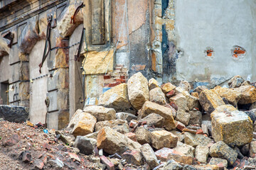 Destruction concept. Destroyed building, earthquake, pile of rubble and debris, landfill.