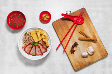 Sarawak Noodle Dry and Soup, Sarawak Mee Tai Bak and Sarawak Kway Teow in white bowl top view with...