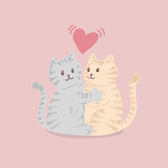 cat couple with heart hand drawn cartoon vector illustration