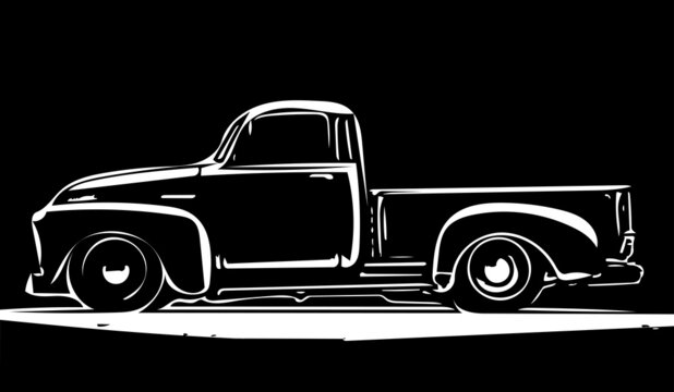 Vintage Retro Pickup Car Sketch On Black Background. Classic Retro Car Logo Side View.