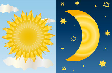 Sun moon in flat style. vector illustration of day and night background. Contemporary infographic set. Funny cartoon character. Simple design.