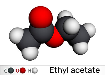 Ethyl acetate, ethyl ethanoate molecule. It is acetate ester, polar aprotic solvent, additional additive E1504. Molecular model. 3D rendering