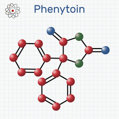 Phenytoin, PHT, diphenylhydantoin molecule. It is anticonvulsant, anti-epileptic, anti-seizure drug, hydantoin derivative. Molecule model. Sheet of paper in a cage