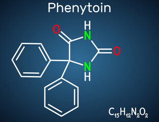 Phenytoin, PHT, diphenylhydantoin molecule. It is anticonvulsant, anti-epileptic, anti-seizure drug, hydantoin derivative. Structural chemical formula on the dark blue background.