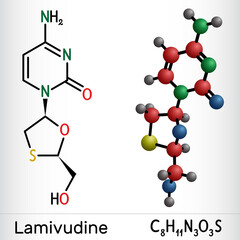 Lamivudine, 3TC drug molecule. It is used to treat Human Immunodeficiency Virus Type 1 (HIV-1) and hepatitis B virus (HBV). Structural chemical formula and molecule model.