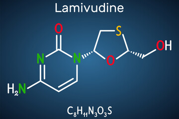 Lamivudine, 3TC drug molecule. It is used to treat Human Immunodeficiency Virus Type 1 (HIV-1) and hepatitis B virus (HBV). Structural chemical formula on the dark blue background