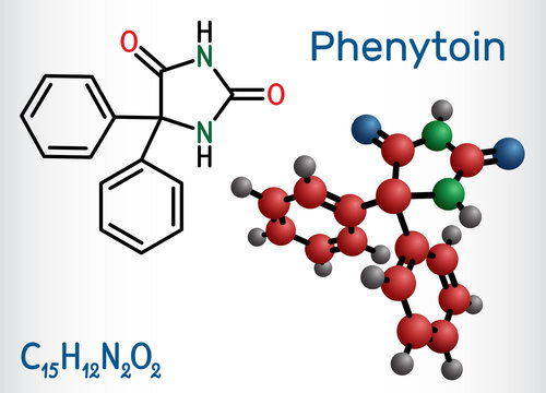 Phenytoin, PHT, diphenylhydantoin molecule. It is anticonvulsant, anti-epileptic, anti-seizure drug, hydantoin derivative. Structural chemical formula, molecule model