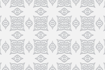 Fototapeta premium Embossed minimalist light background, vintage cover design, ethno style. Geometric monochrome 3D pattern, Motifs of the peoples of the East, Asia, India, Mexico, the Aztecs.