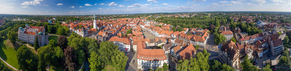 CELLE, GERMANY - JULY 18, 2016: Panoramic aerial view of Celle medieval skyline on a clear sunny...