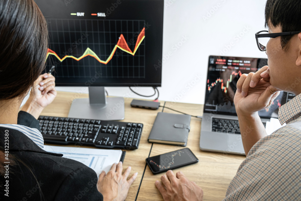 Poster business team investment working with computer, planning and analyzing graph stock market trading wi