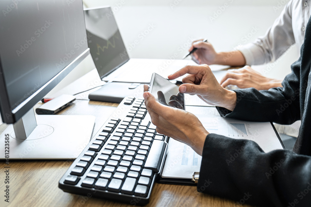 Poster business team investment working with computer, planning and analyzing graph stock market trading wi