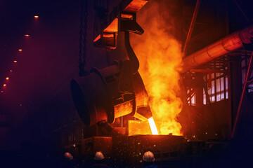 Iron casting in foundry. Metallurgical plant. Liquid metal.