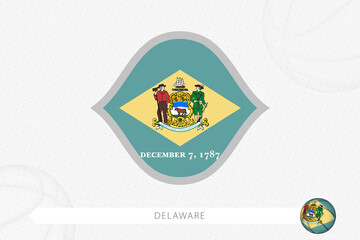 Delaware flag for basketball competition on gray basketball background.