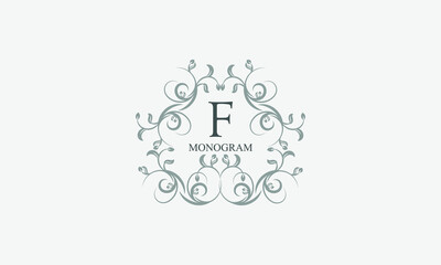 Exquisite floral logo with elegant letter F. Business sign, identity monogram for restaurant, boutique, hotel, heraldic, jewelry