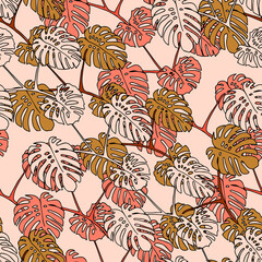 Beige and pink vector Illustration of leaves monstera. Seamless pattern