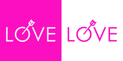 Banner con texto Love con flecha de cupido en letra O con forma de diana con líneas para su uso en invitaciones y tarjetas de felicitación