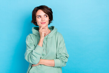 Photo of nice millennial bob hairdo lady look promo wear green pullover isolated on blue color background