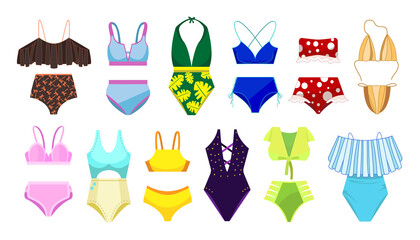 Different stylish swimsuits for women vector illustrations set. Bikini tops and bottoms of different shapes with flowers, bras, panties isolated on white background. Fashion, swimwear, summer concept