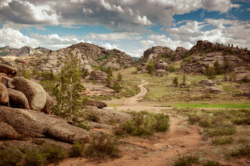 Eastern Kazakhstan. Bayanaul National Park. Unusual rocks landscape and blue sky