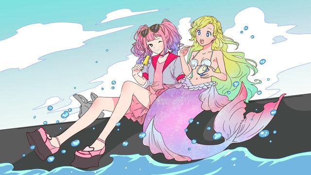 堤防でアイスを食べる女の子と人魚のイラスト