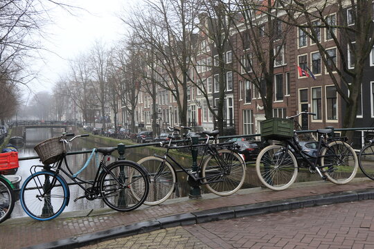 Amsterdam Canal View with Parked Bicycles on a Bridge, Winter Tree Branches and Traditional Architecture, Netherlands