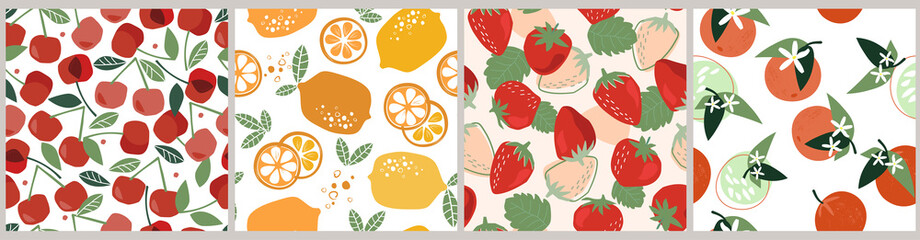 A set of seamless patterns with fruits and berries. Strawberry, cherry, orange, tangerine, lemon is a healthy natural food. Vector graphics.