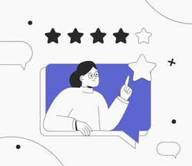 Customer feedback review with give 5 star rating. Customer woman review and user rating five stars from dialog box in the application. Flat style vector illustration