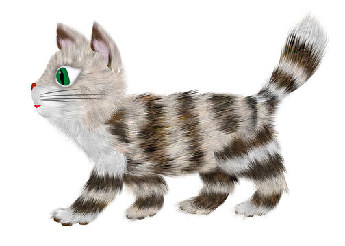 A gray tabby kitten, shown in profile, walks