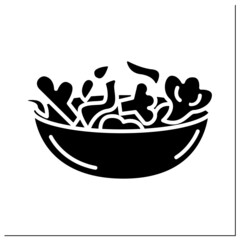 Broccoli vegetable salad glyph icon.Veggie fresh ingredients in a bowl. Homemade healthy lunch or dinner. Diet and vegetarian recipe. Filled flat sign. Isolated silhouette vector illustration