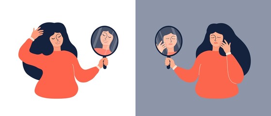 Smiling woman looks at the mirror