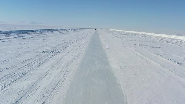 aerial view winter frost Siberia forest winter road