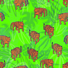 Seamless repeat pattern illustration tigers on tropical leaf background
