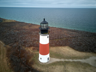 Aerial Drone image of the Sankaty Lighthouse on Nantucket Island Cape Cod currently operated by the USCG
