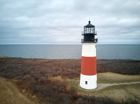 Aerial Drone image of the Sankaty Lighthouse on Nantucket Island Cape Cod currently operated by the USCG
