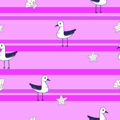 Seamless repeat pattern illustration seagulls and seashells on pink stripes
