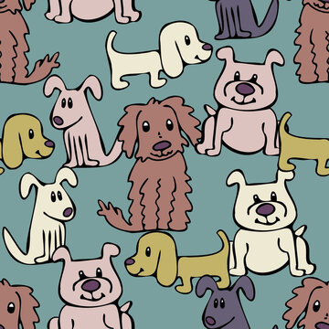 Seamless repeat pattern illustration cute happy puppy dogs on teal background