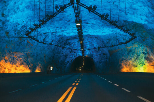 Laerdal Tunnel, Norway. Road On Illuminated Tunnel In Norwegian Mountains. Famous Longest Road Tunnel In World. Popular Place