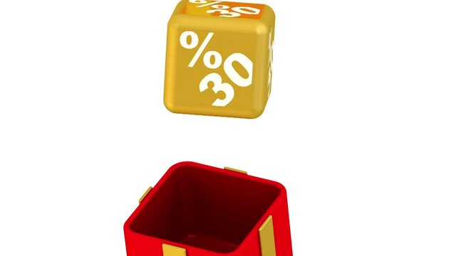 Thirty percentage for free. Closed red gift box with golden ribbon and bow is opening and golden cube with 30 percentages bonus flies out. Footage video