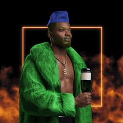 Cool african man with fur coat against abstract background