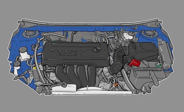 Hand drawn illustration of an engine compartment from a 2008 Toyota Matrix.