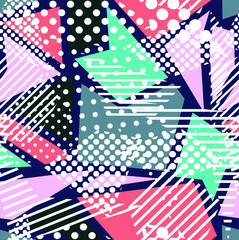 Pop art vector seamless pattern with different geometric shapes. Stripes, dots, triangles in hipster background in 80s and 90s style. blank for printing on children's fabrics and paper