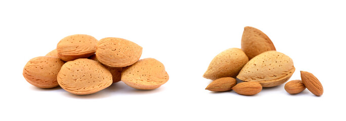  Heap of fresh almonds in shells isolated on white background