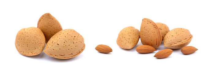  Heap of fresh almonds in shells isolated on white background